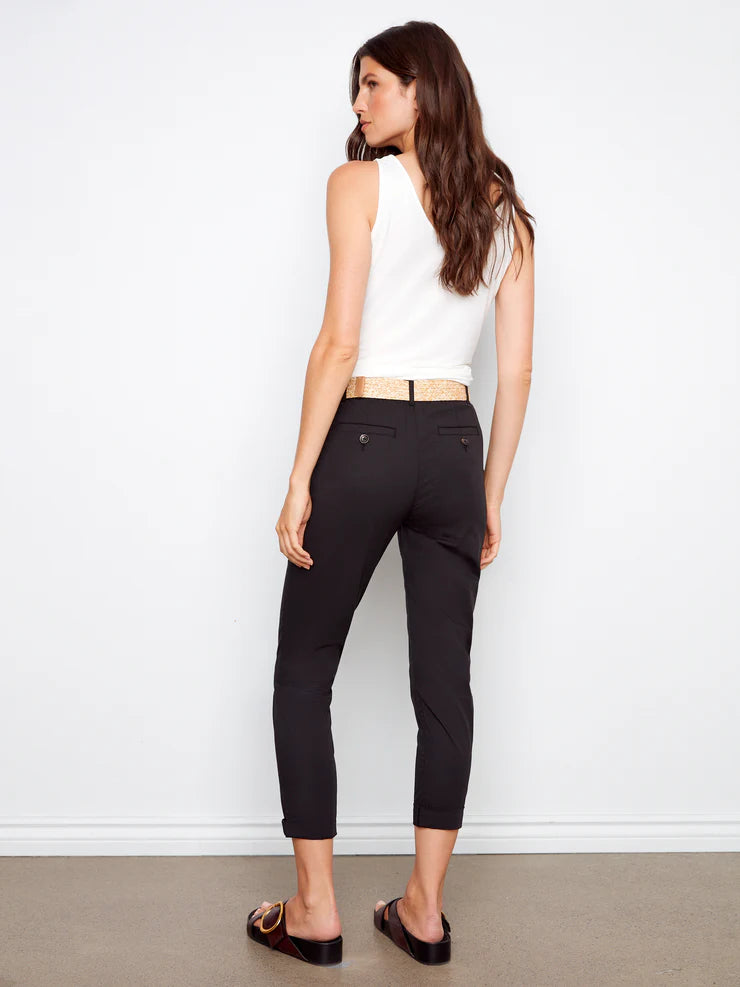 CHARLIE B STRETCH TWILL PANT WITH BELT - BLACK - Vi-Leen's Fashions