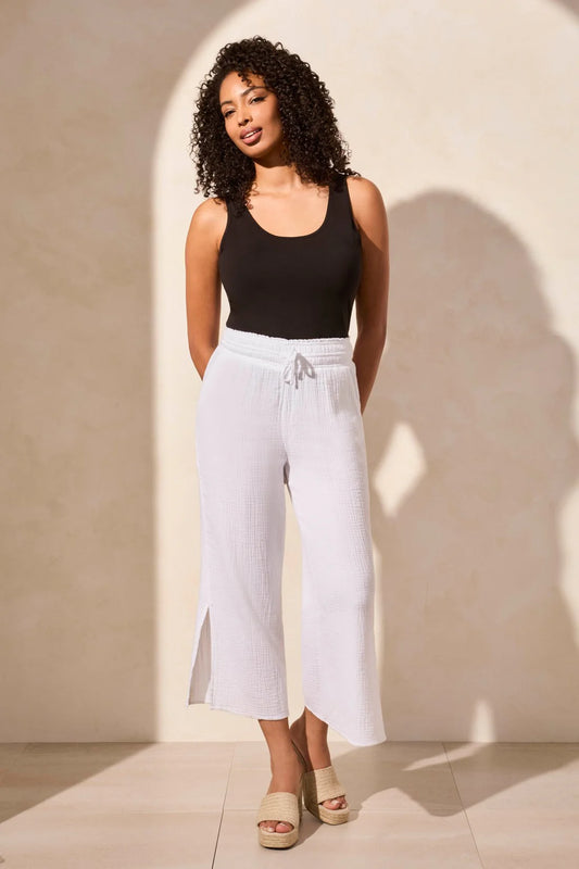 TRIBAL COTTON GAUZE WEAR ME 2 WAYS WIDE LEG PANT WITH SIDE SLIT - WHITE