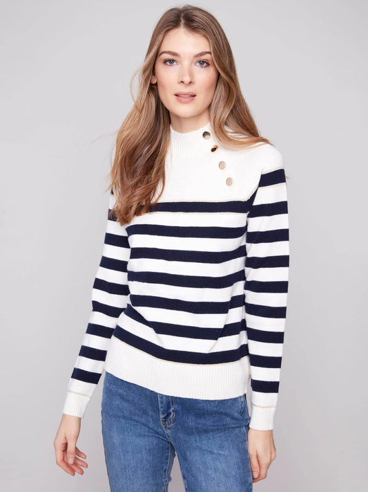 CHARLIE B MOCK NECK STRIPED SWEATER