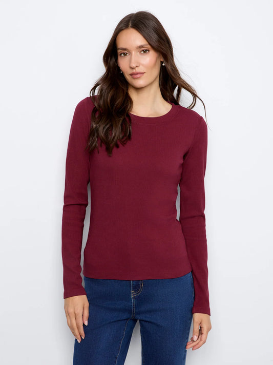CHARLIE B RIB LONG SLEEVE CREW NECK TOP - MERLOT - Vi-Leen's Fashions