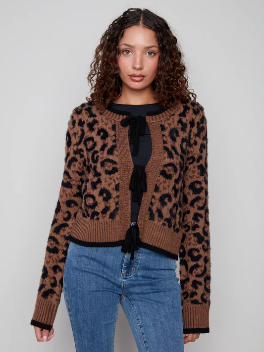 CHARLIE B BOW TIE FRONT CARDIGAN - ANIMAL