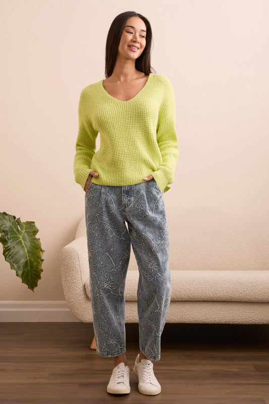 TRIBAL DROP SHOULDER V-NECK SWEATER - LIME MIST