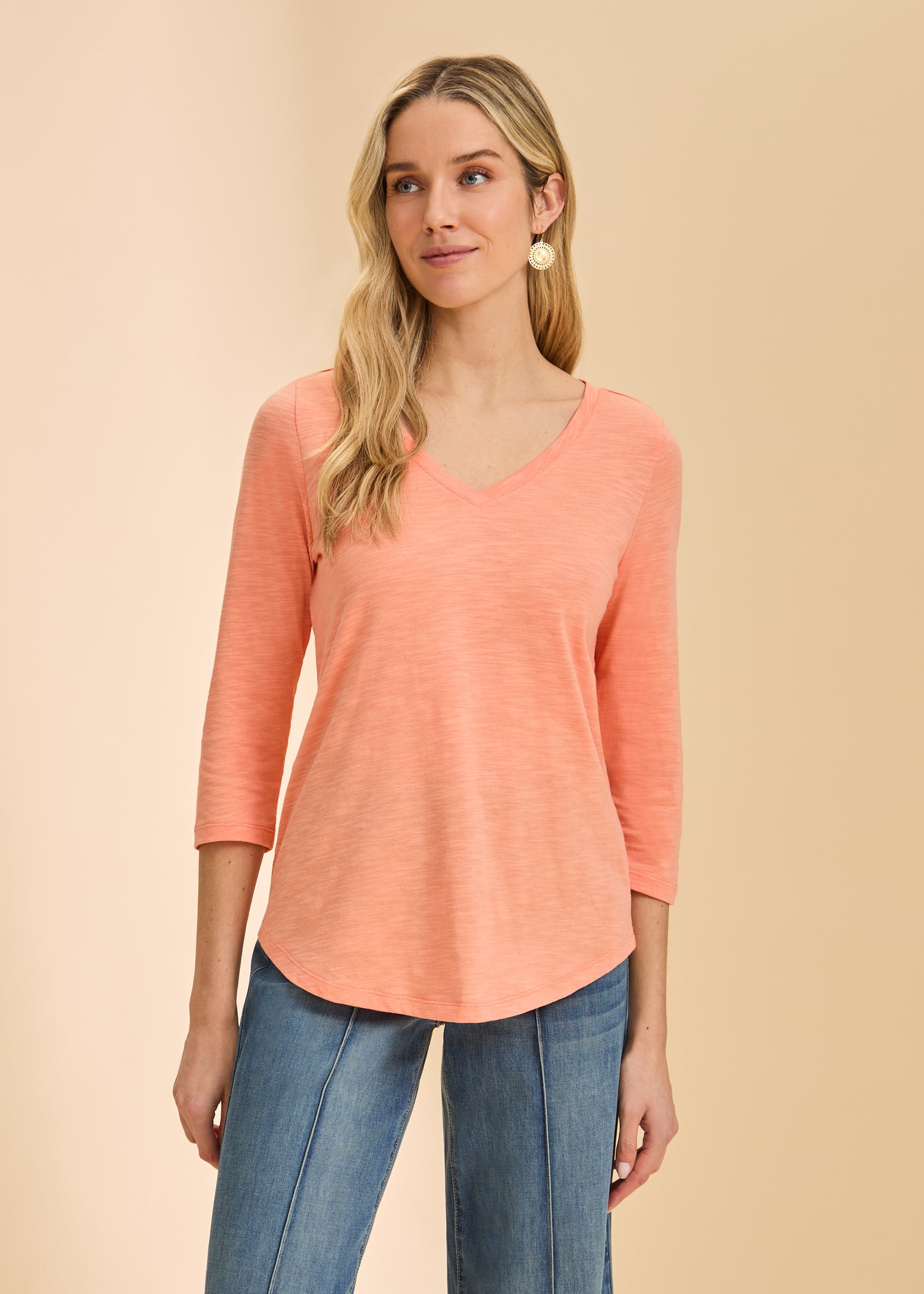 FDJ V-NECK 3/4 SLEEVE TOP - CANTALOUPE