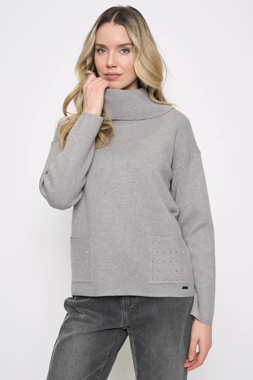 PICADILLY RHINESTONE POCKET SWEATER - MORNING FOG