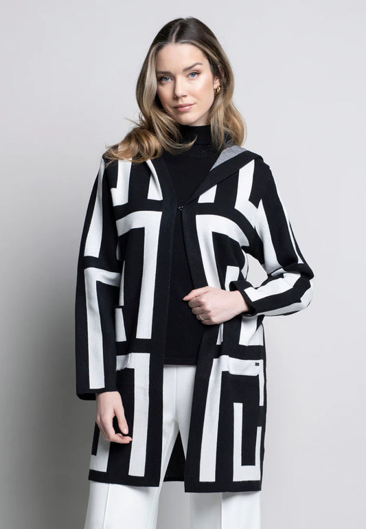 PICADILLY GEO HOODED SWEATER JACKET - BLACK/OFF WHITE - Vi-Leen's Fashions