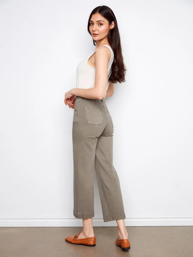 CHARLIE B CROPPED WIDE LEG TWILL PANT - SAGE - Vi-Leen's Fashions