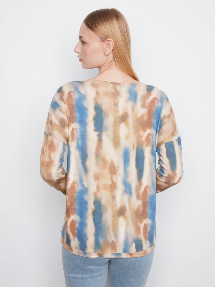 CHARLIE B PRINTED LONG SLEEVE V-NECK TOP - PAINT
