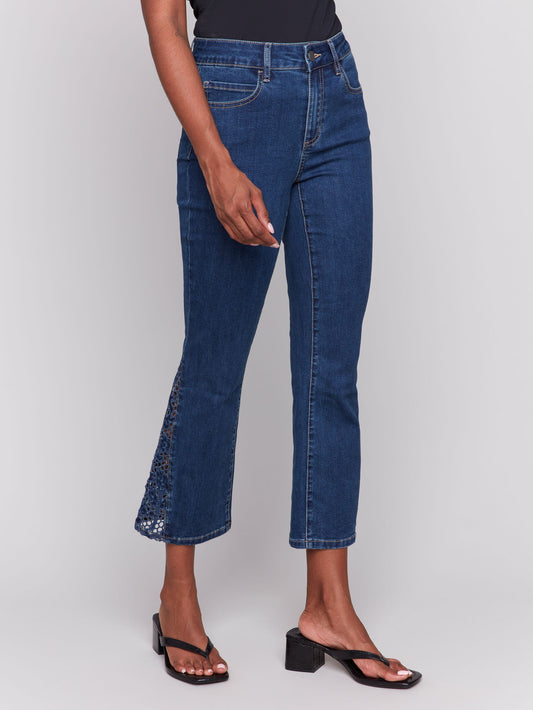CHARLIE B LACE CUTS SIDE SLIM JEAN - INDIGO
