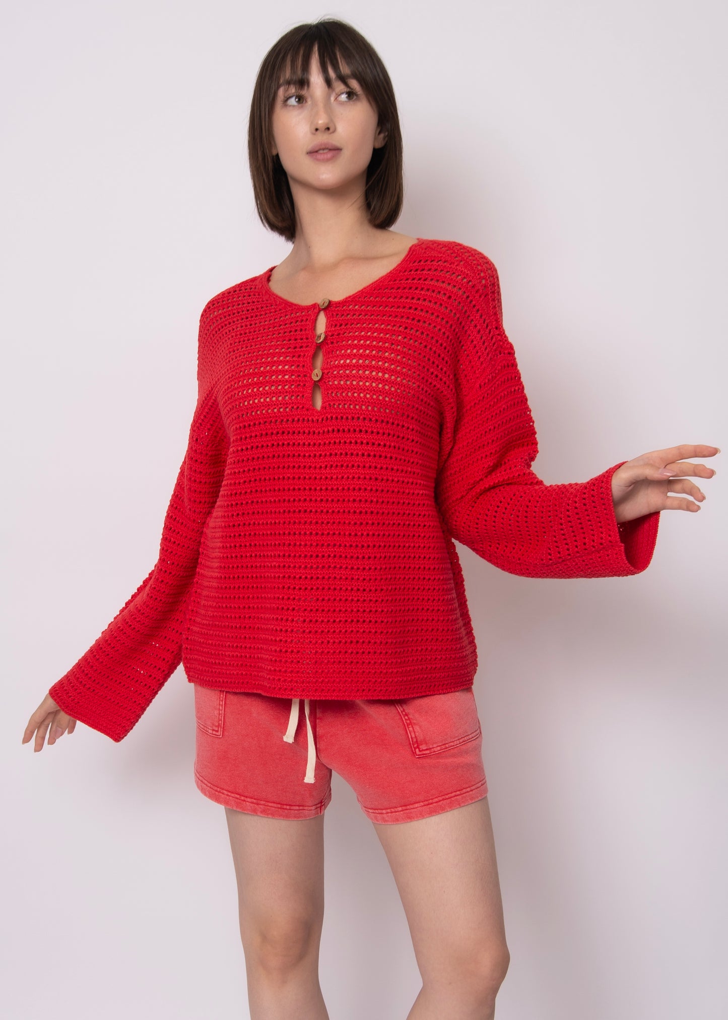 RD STYLE MOANA HENLEY KNIT SWEATER - CHERRY RED - Vi-Leen's Fashions