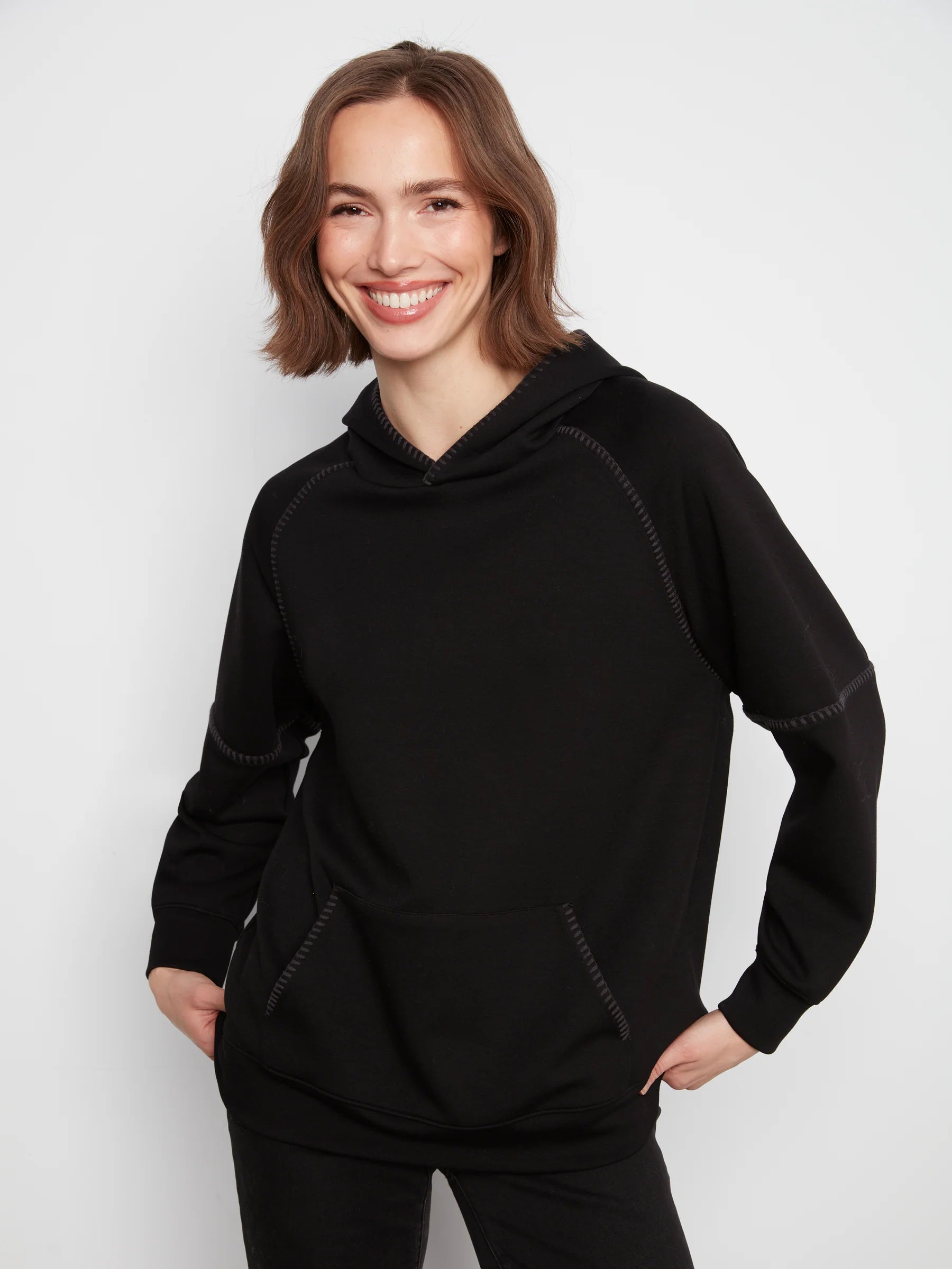 CHARLIE B HOODIE WITH BLANKET STITCHING - BLACK - Vi-Leen's Fashions