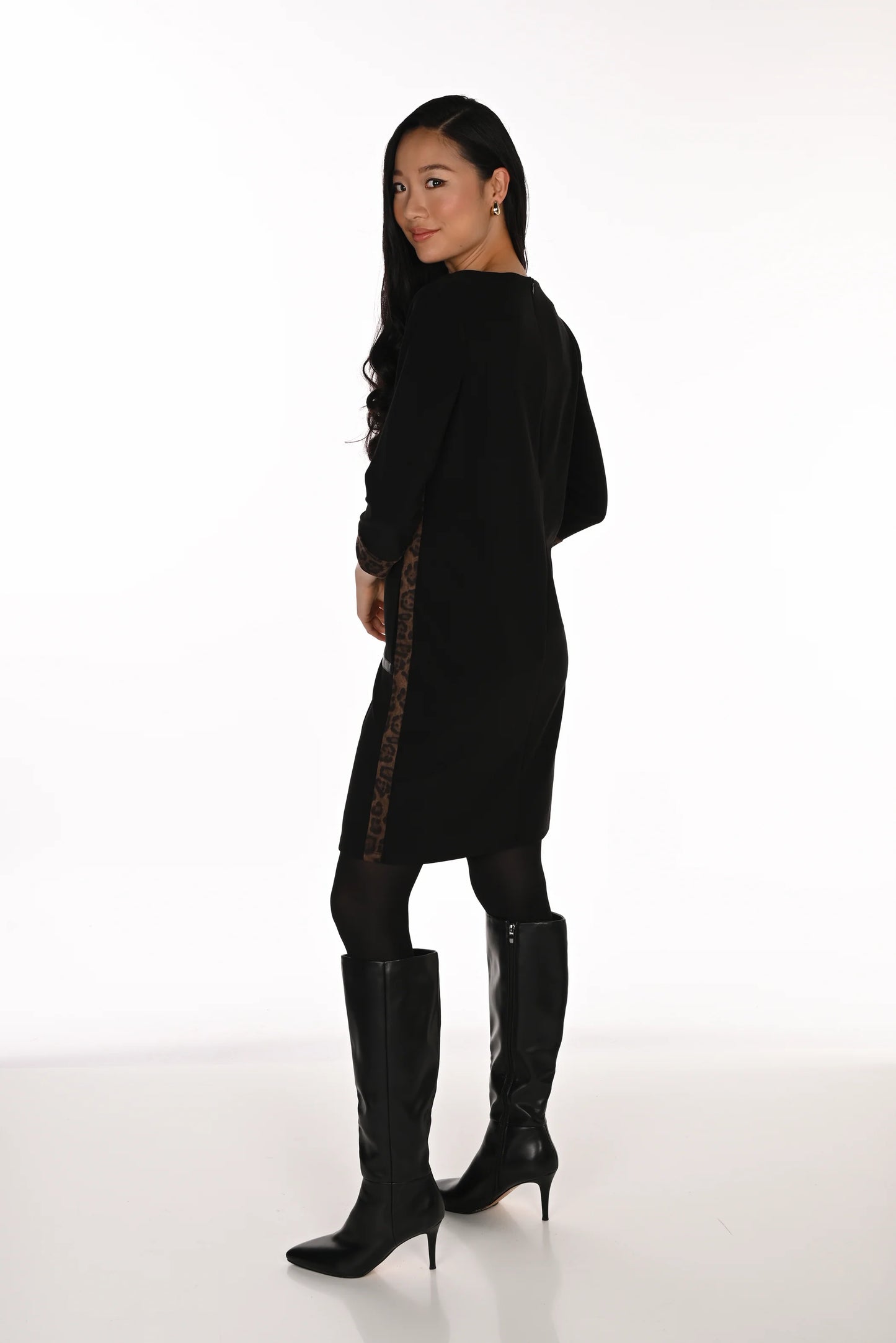 FRANK LYMAN BLACK DRESS WITH LEOPARD PRINT TRIM