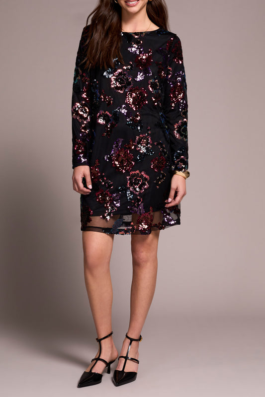 TRIBAL LONG SLEEVE SEQUINS DRESS - BLACK MULTI