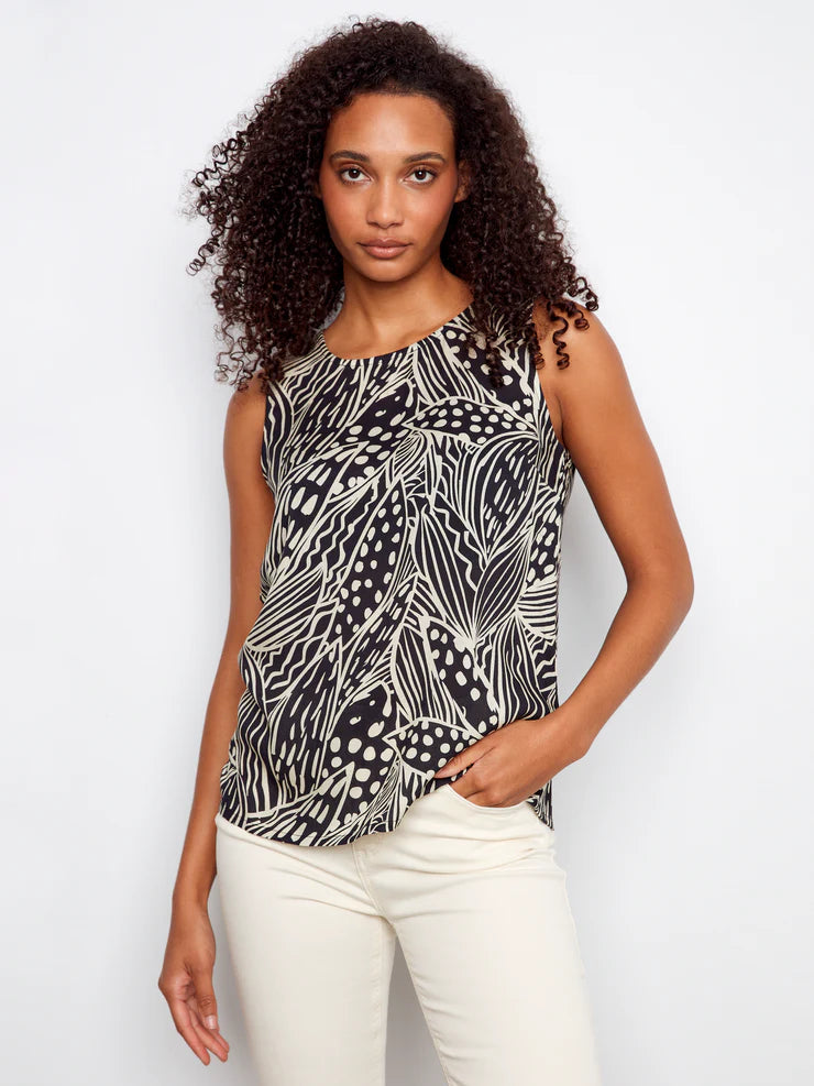 CHARLIE B PRINTED SLEEVELESS BLOUSE - BLACK - Vi-Leen's Fashions