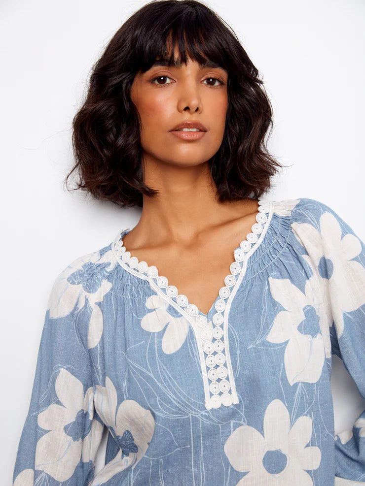 CHARLIE B PRINTED LONG SLEEVE BLOUSE - WATERLILY - Vi-Leen's Fashions