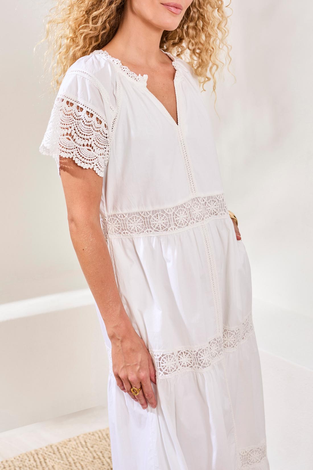 TRIBAL LINED PEASANT DRESS - WHITE - Vi-Leen's Fashions