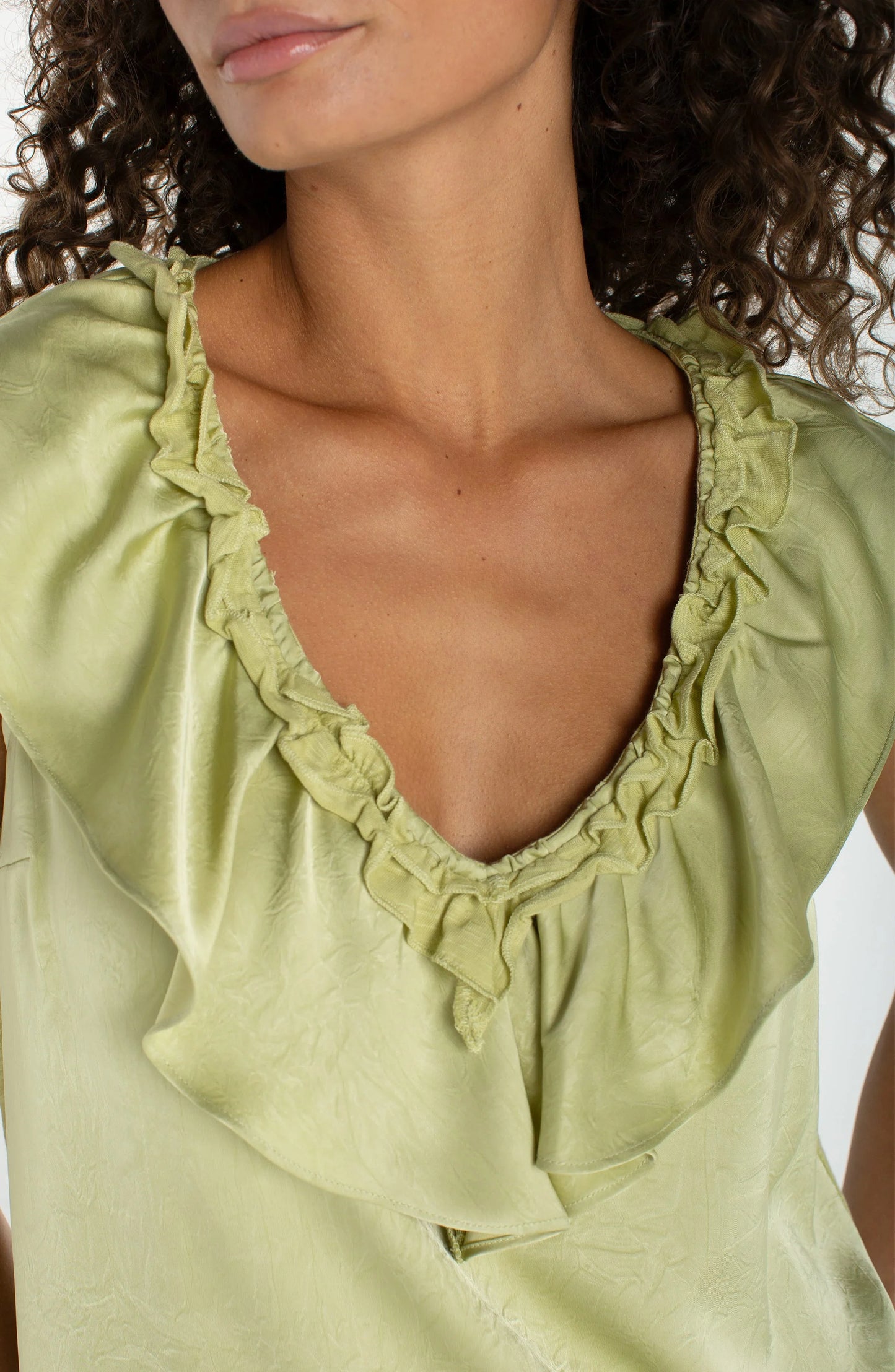 LIVERPOOL RUFFLE FRONT SLEEVELESS TOP - LIME CREMA - Vi-Leen's Fashions
