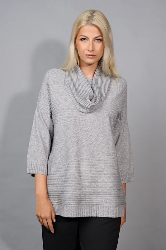 PICADILLY 3/4 SLEEVE SWEATER WITH DETACHABLE SCARF - HEATHER GREY