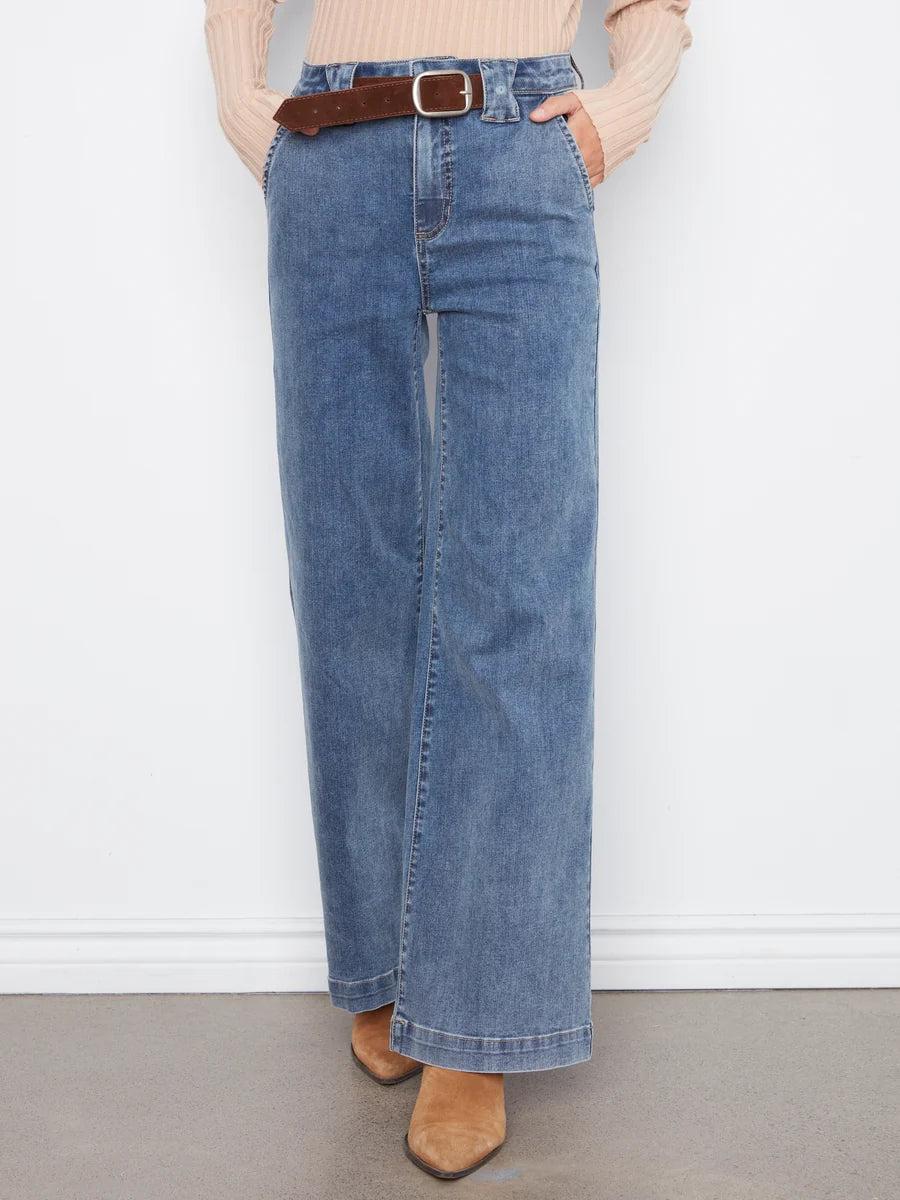 CHARLIE B FLARE LEG JEAN WITH ATTACHED BELT - MEDIUM BLUE - Vi-Leen's Fashions