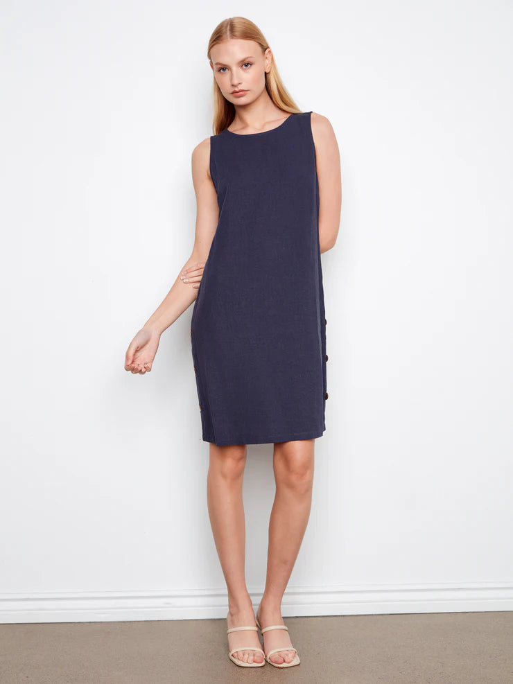 CHARLIE B SHIFT DRESS WITH DECORATIVESIDE BUTTONS - NAVY - Vi-Leen's Fashions