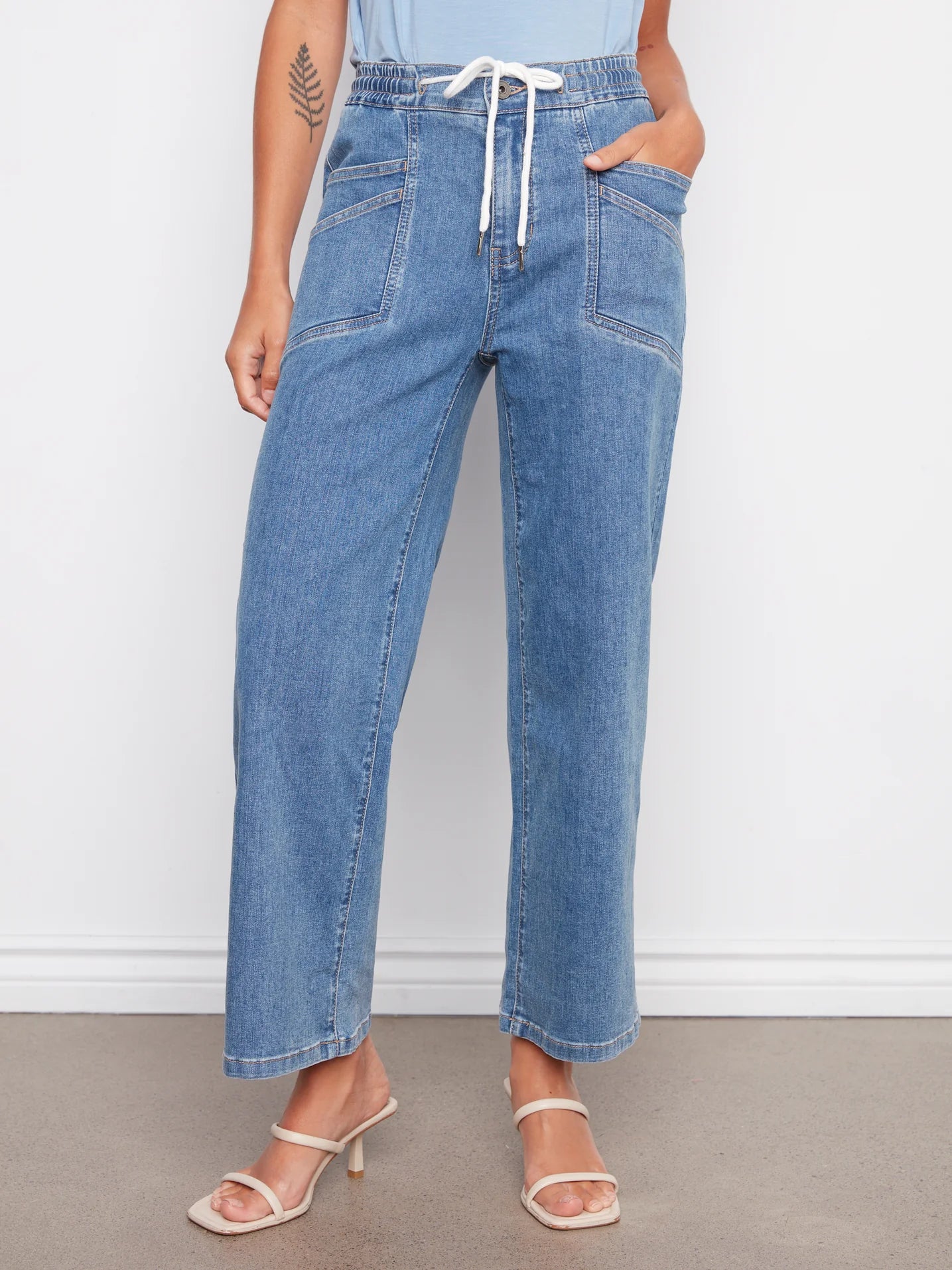 CHARLIE B WIDE LEG DENIM WITH DRAWSTRING WAIST - VINTAGE BLUE - Vi-Leen's Fashions