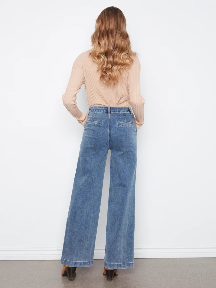CHARLIE B FLARE LEG JEAN WITH ATTACHED BELT - MEDIUM BLUE - Vi-Leen's Fashions