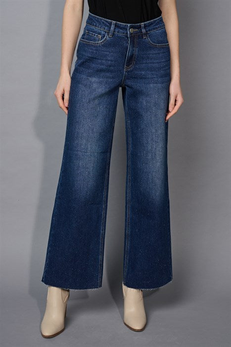 PICADILLY GLITTER WIDE LEG FULL LENGTH JEAN - DEEP DENIM