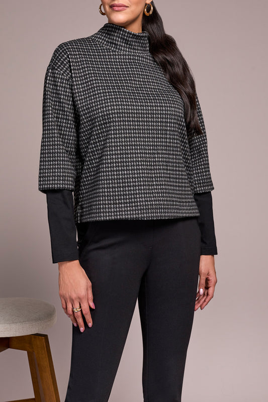 TRIBAL MOCK NECK TOP - CHARCOAL