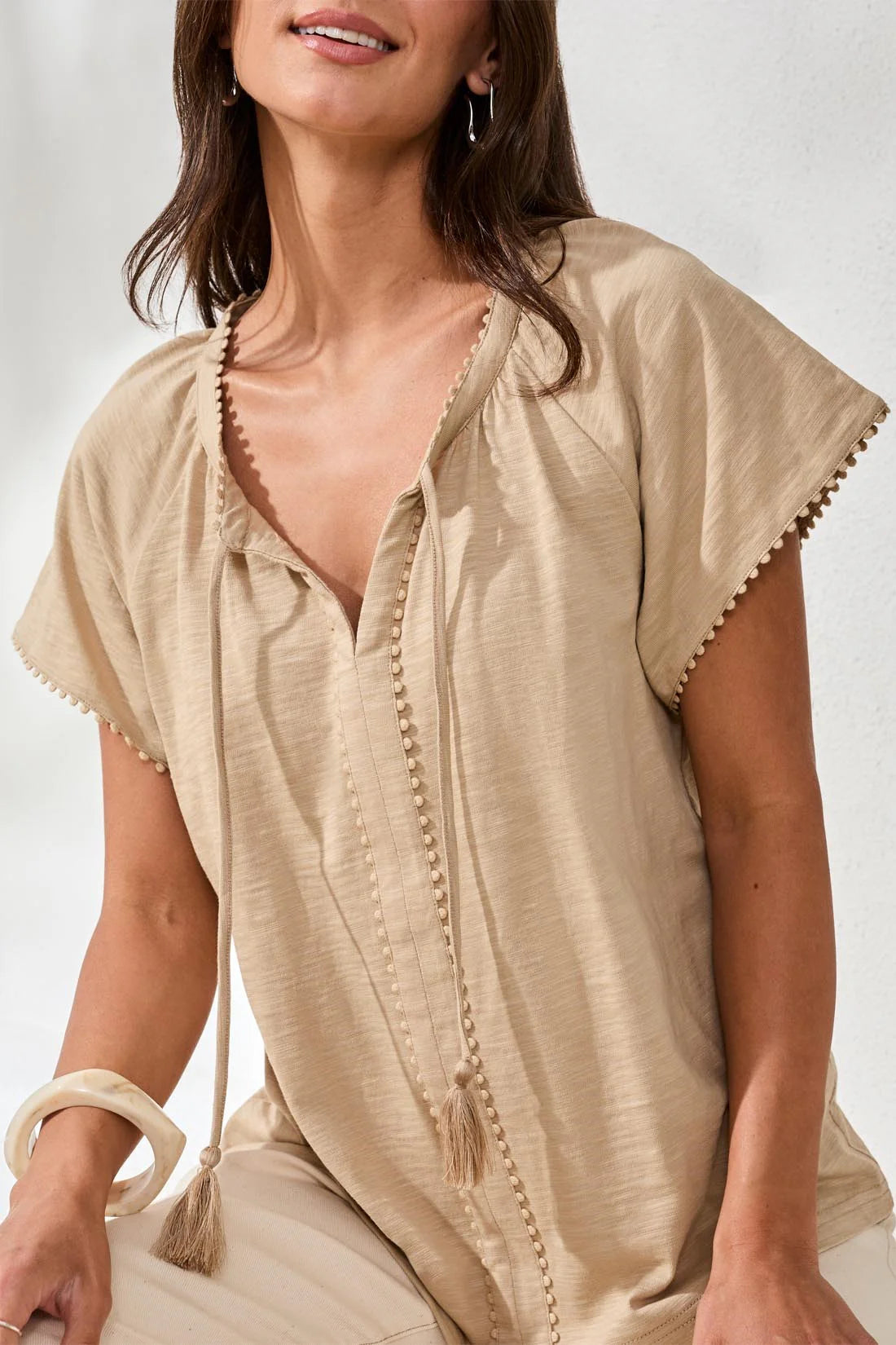 TRIBAL SPLIT NECK TOP WITH TASSLE - BEACH - Vi-Leen's Fashions