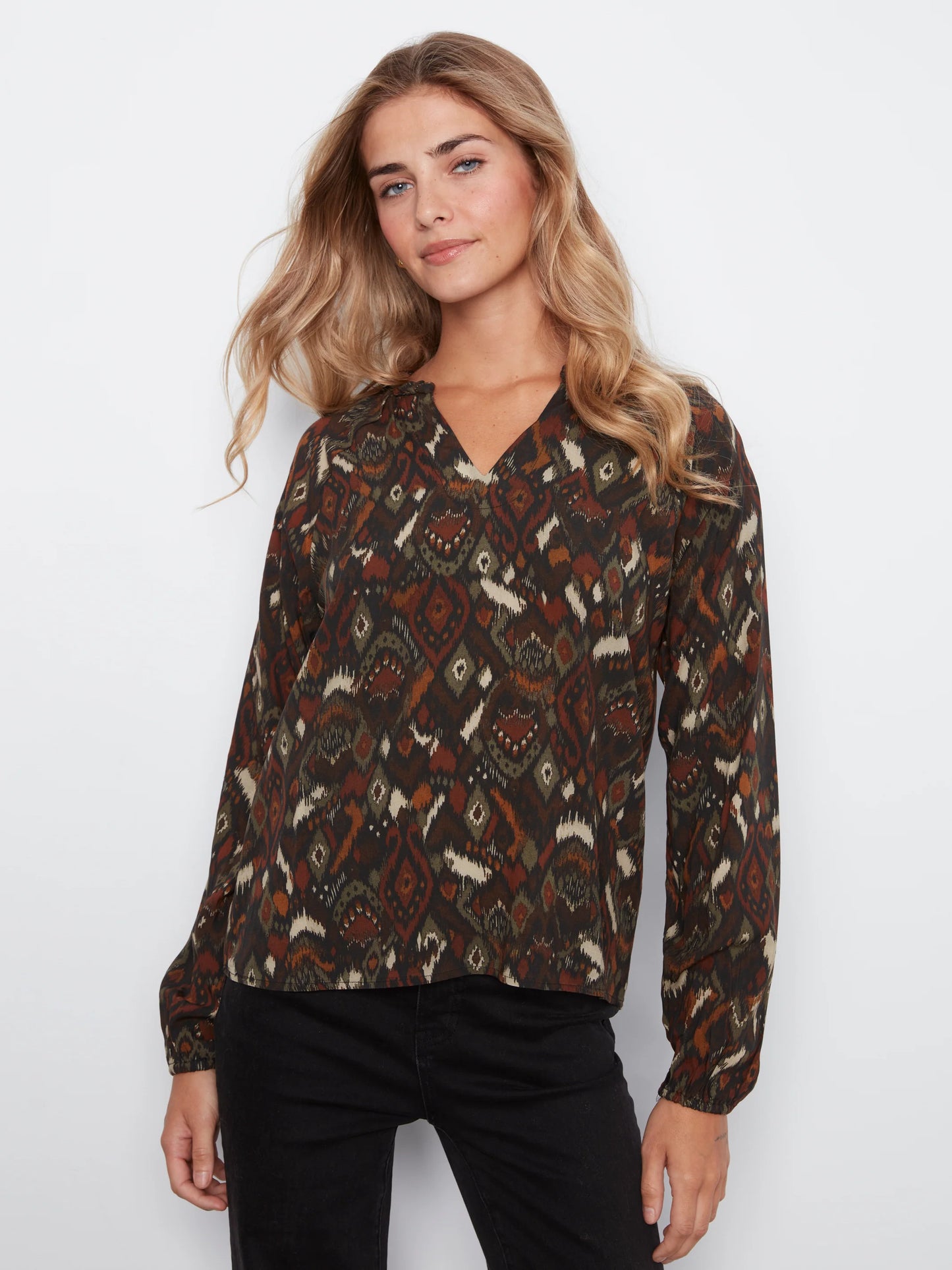 CHARLIE B PRINTED LONG SLEEVE BLOUSE - IKAT - Vi-Leen's Fashions