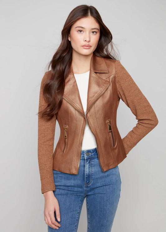 CHARLIE B FOIL LEATHER & RIB KNIT MIX JACKET - COPPER