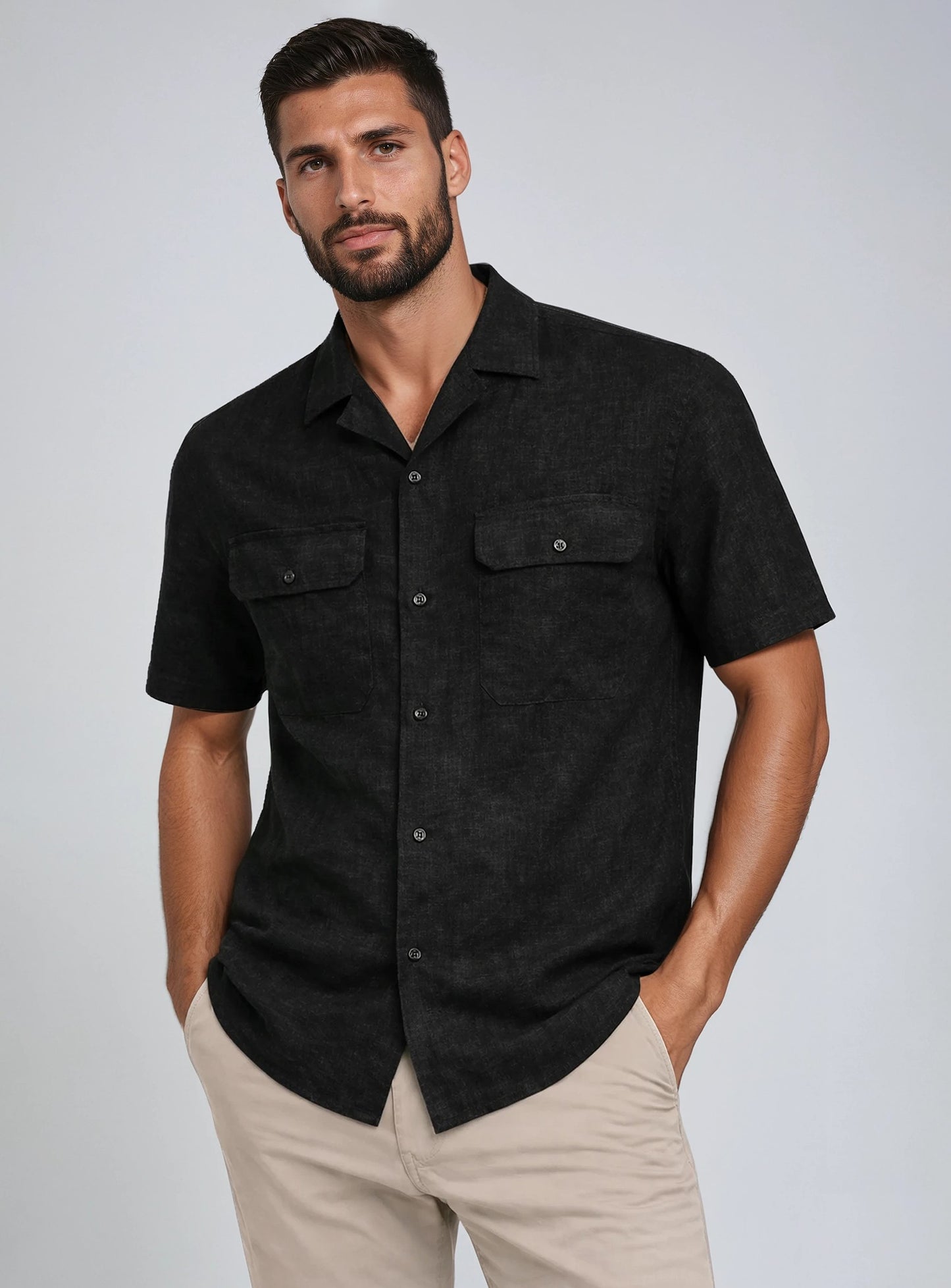 MEN'S POINT ZERO COTTON/LINEN SOLID SHIRT - BLACK - Vi-Leen's Fashions