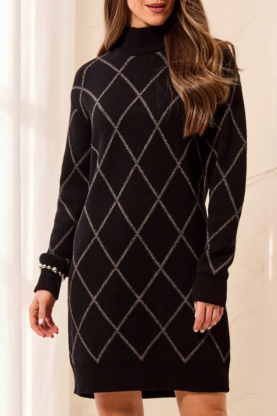 TRIBAL MOCK NECK DRESS = BLACK