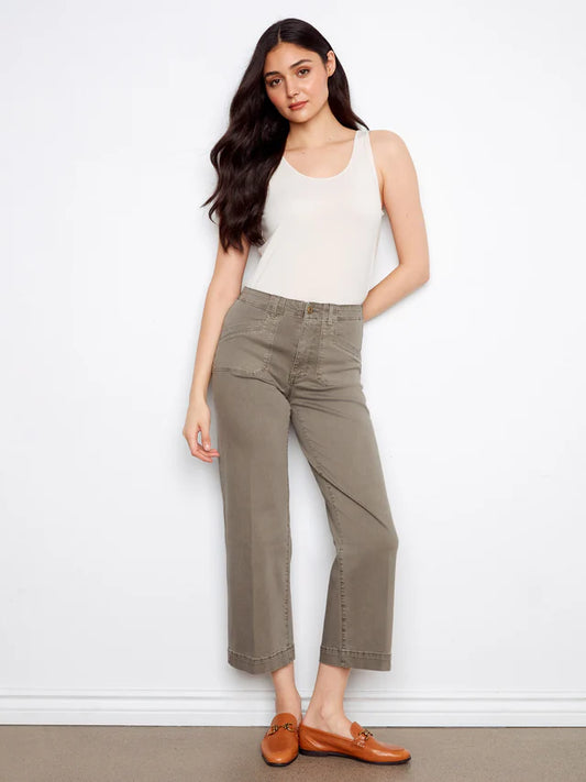 CHARLIE B CROPPED WIDE LEG TWILL PANT - SAGE