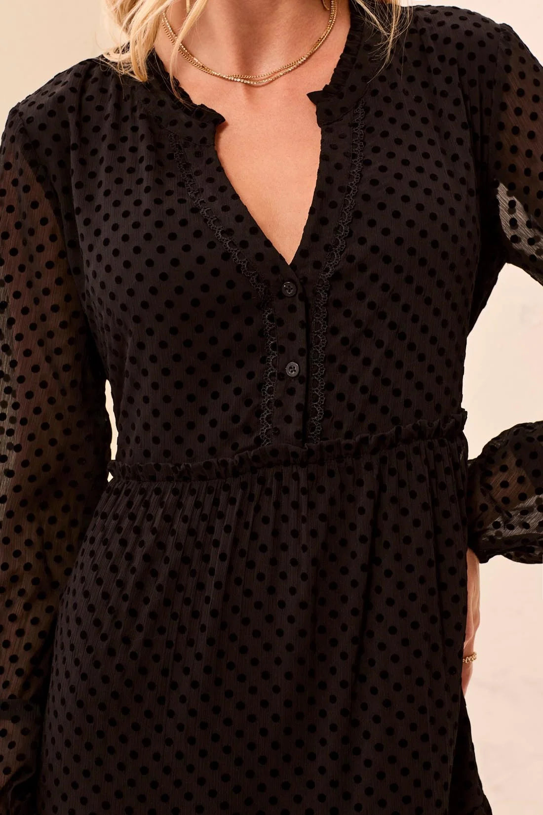 TRIBAL POLKA DOT CHIFFON TIERED DRESS - BLACK