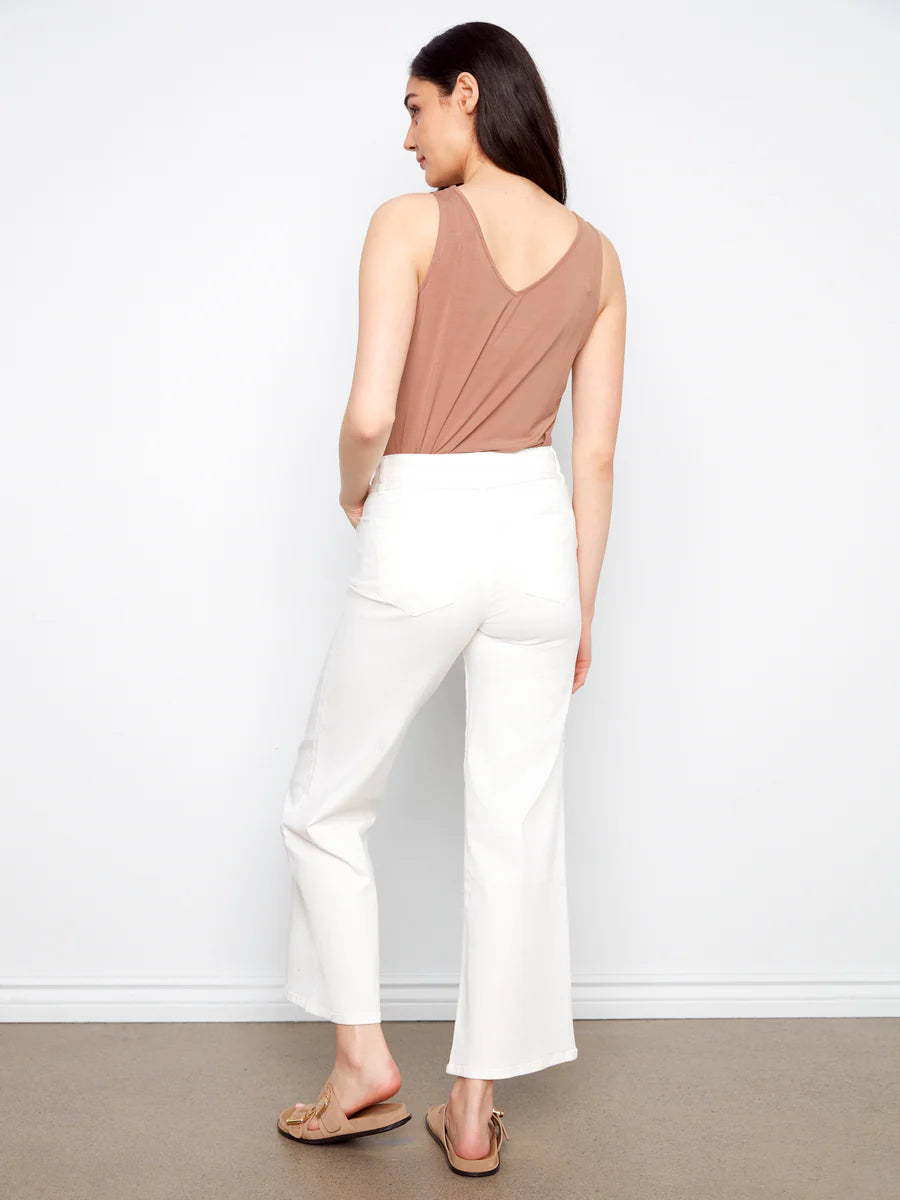 CHARLIE B BELTED WIDE LEG TWILL PANT - WHITE - Vi-Leen's Fashions