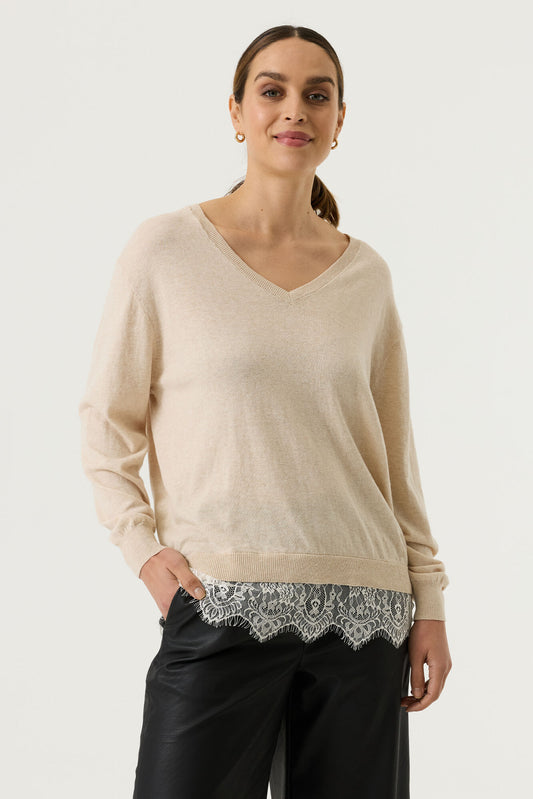 GARCIA SWEATER WITH LACE BOTTOM - SANDY TAUPE - Vi-Leen's Fashions