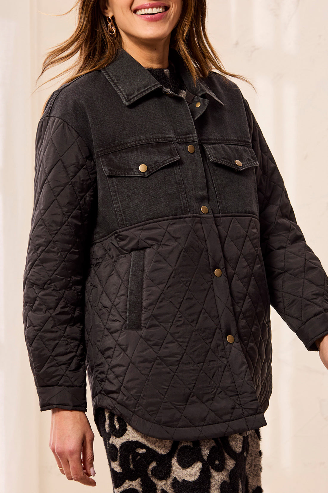 TRIBAL MIX MEDIA DENIM QUILTED JACKET - BLACK