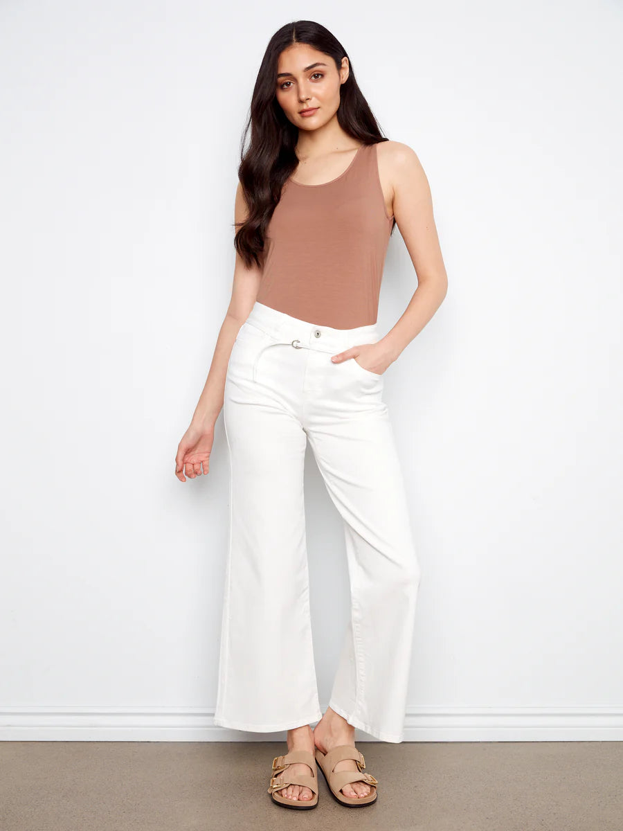 CHARLIE B BELTED WIDE LEG TWILL PANT - WHITE - Vi-Leen's Fashions