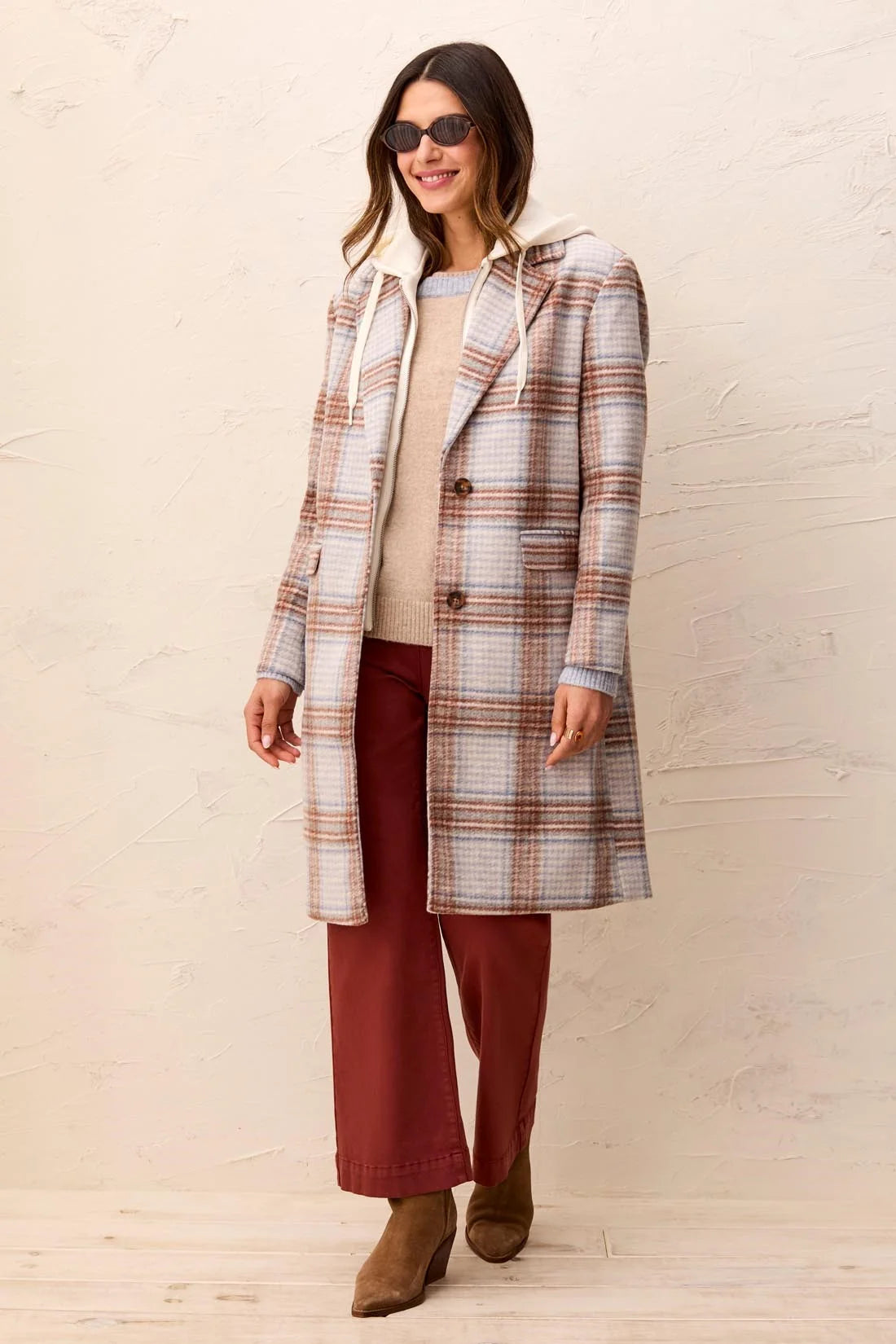 TRIBAL PLAID CAR COAT WITH REMOVABLE FOOLER HOOD