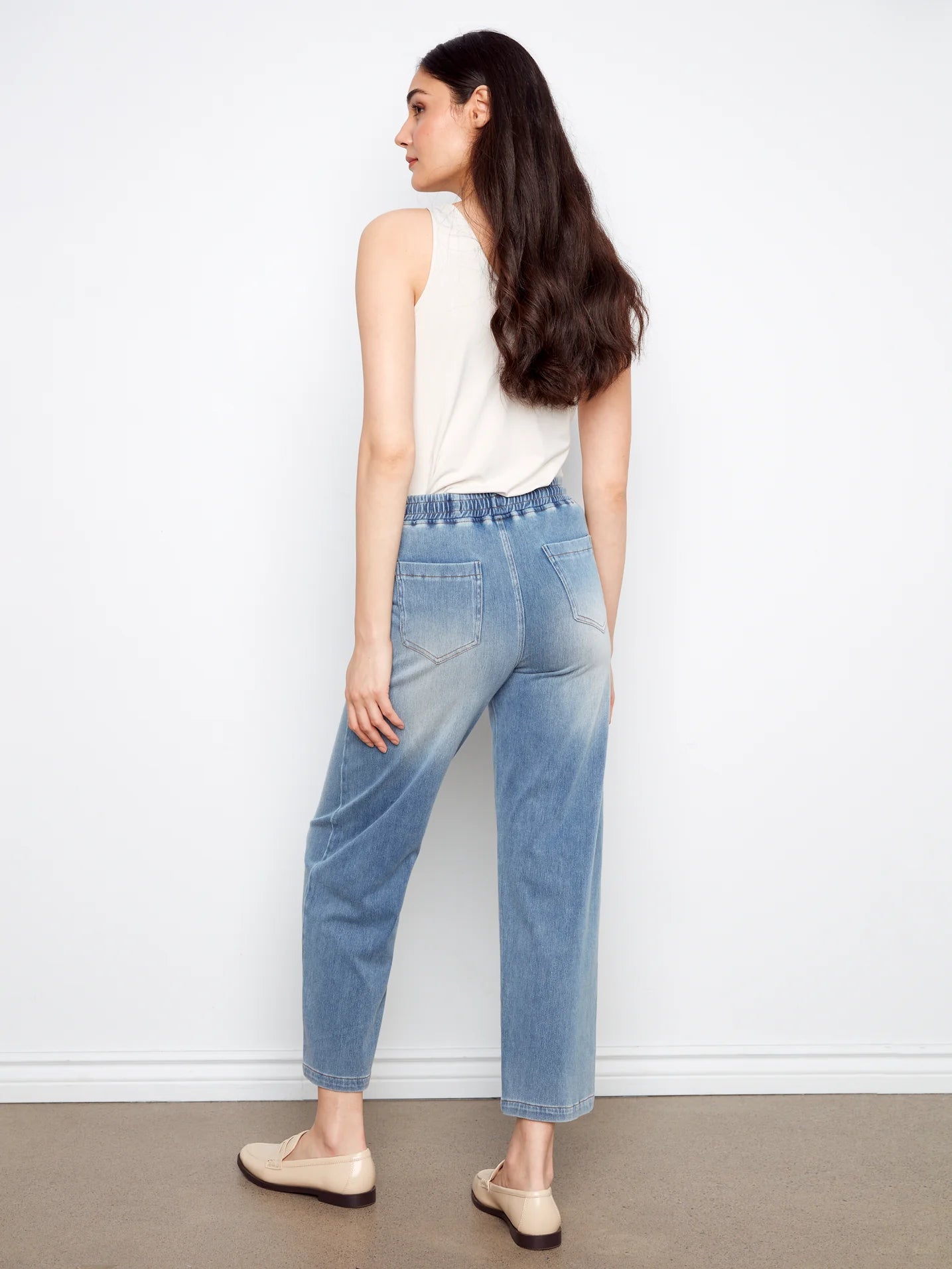 CHARLIE B KNIT DENIM WIDE LEG JOGGER PANT - MEDIUM BLUE - Vi-Leen's Fashions