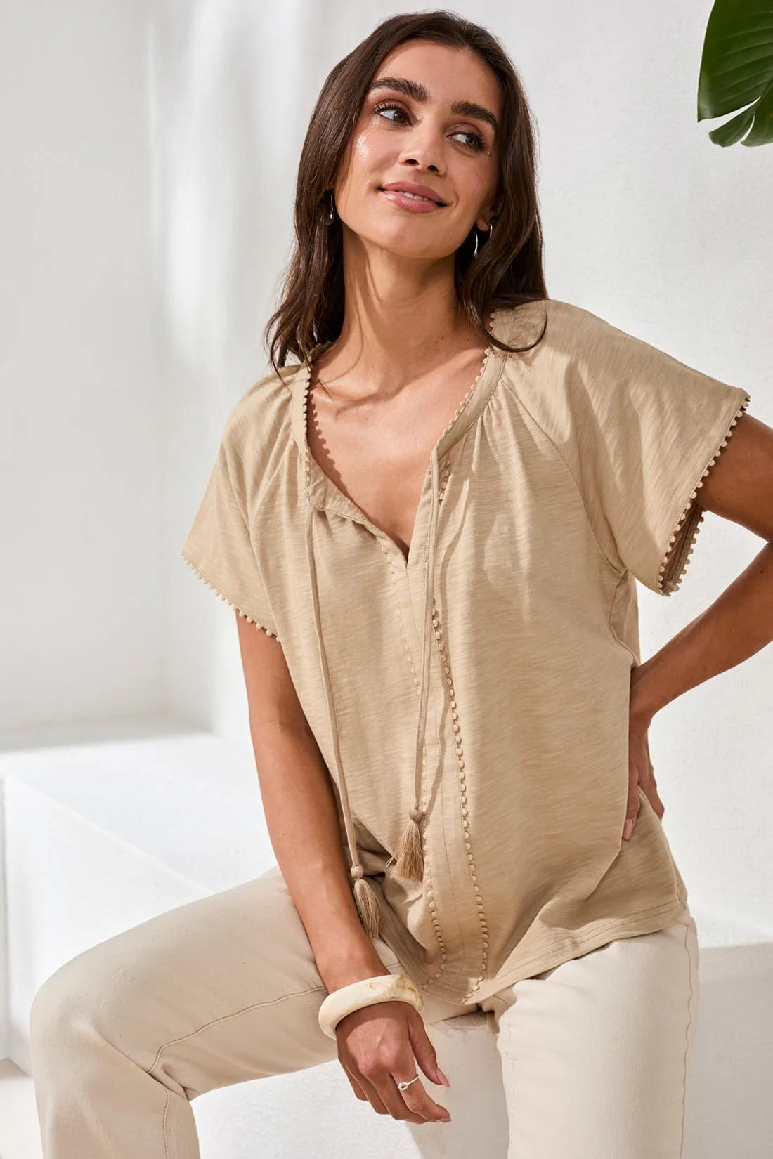 TRIBAL SPLIT NECK TOP WITH TASSLE - BEACH - Vi-Leen's Fashions