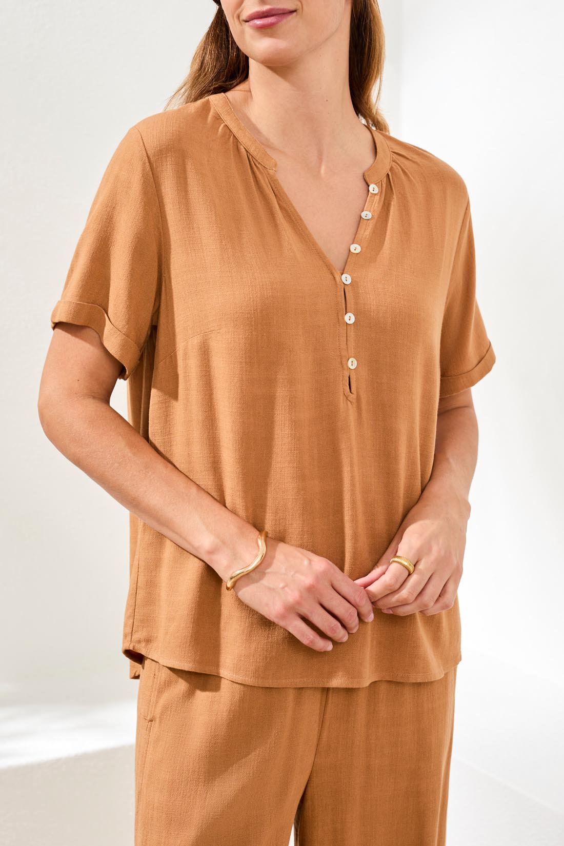 TRIBAL SHORT SLEEVE BLOUSE - CHESTNUT - Vi-Leen's Fashions