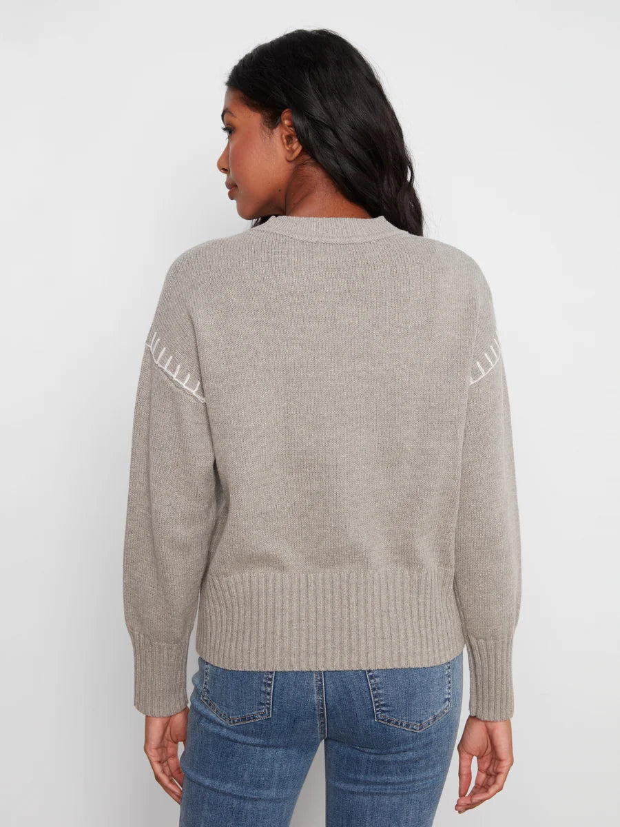 CHARLIE B DROP SHOULDER SWEATER WITH DENIM PATCH - GREY