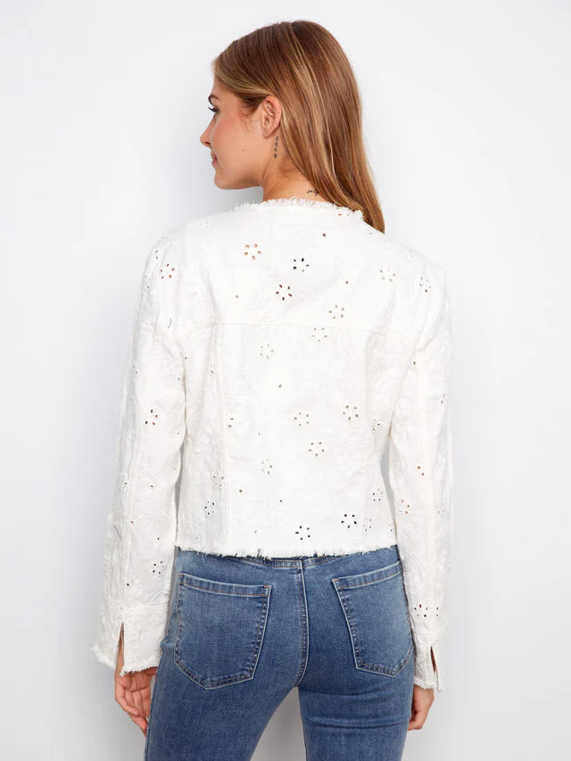 CHARLIE B EYELET DENIM COLLARLESS JACKET - WHITE