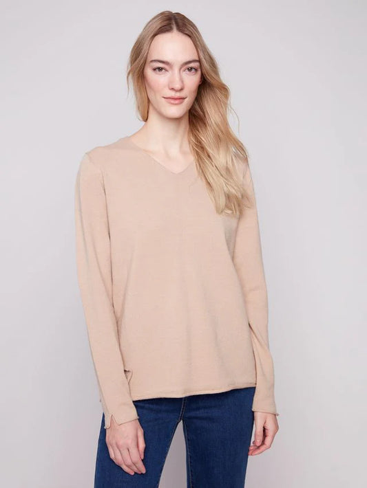 CHARLIE B LONG SLEEVE V-NECK SWEATER - SESAME