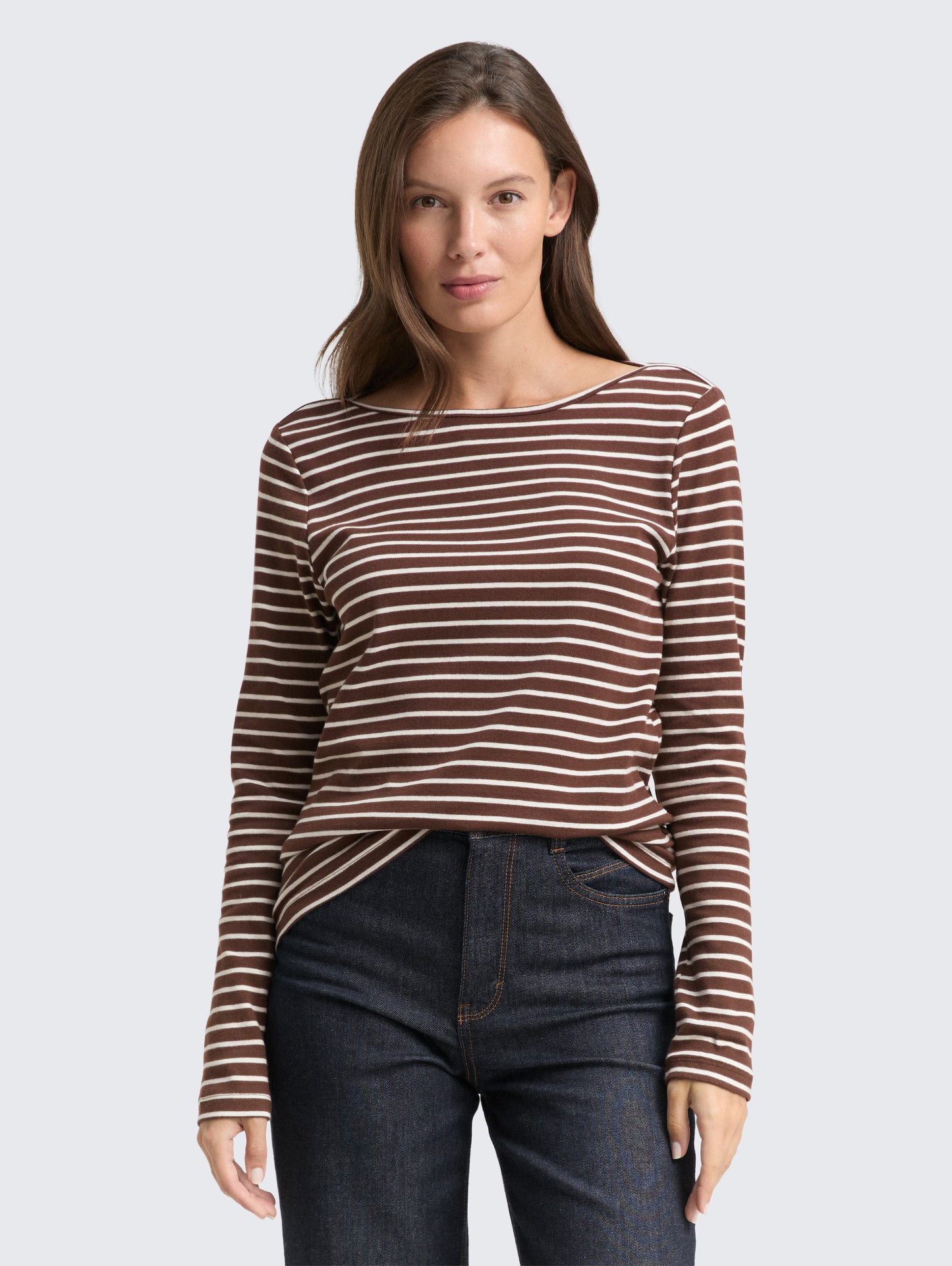 TOM TAILOR BOATNECK STRIPE TOP - BROWN