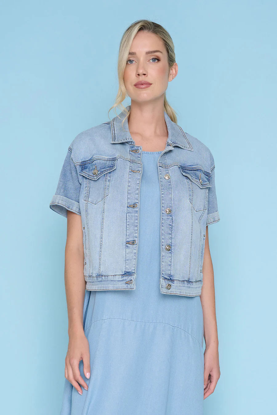 PICADILLY SHORT SLEEVE GLITTER DENIM JACKET - Vi-Leen's Fashions