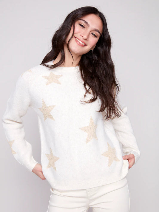 CHARLIE B STAR JAQUARD LUREX CREW NECK SWEATER