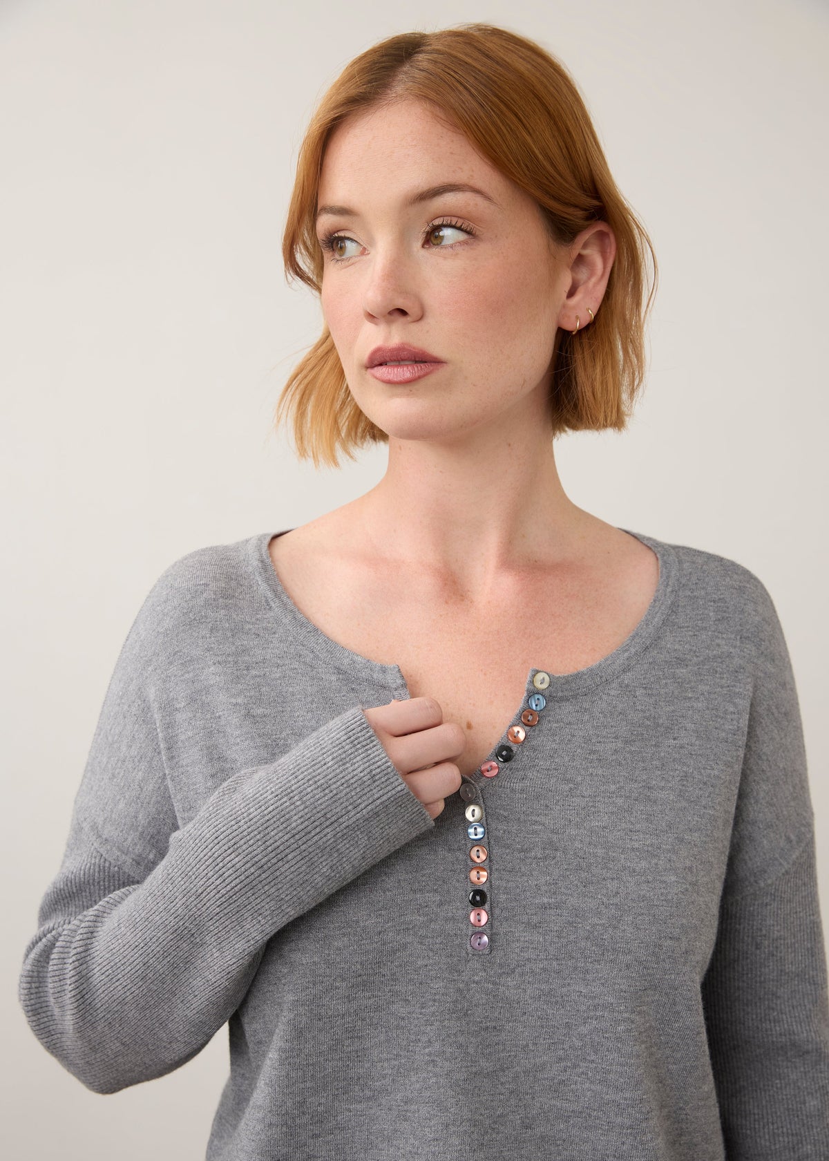 FDJ NOTCH NECK RIB SLEEVE SWEATER - STORM GREY - Vi-Leen's Fashions