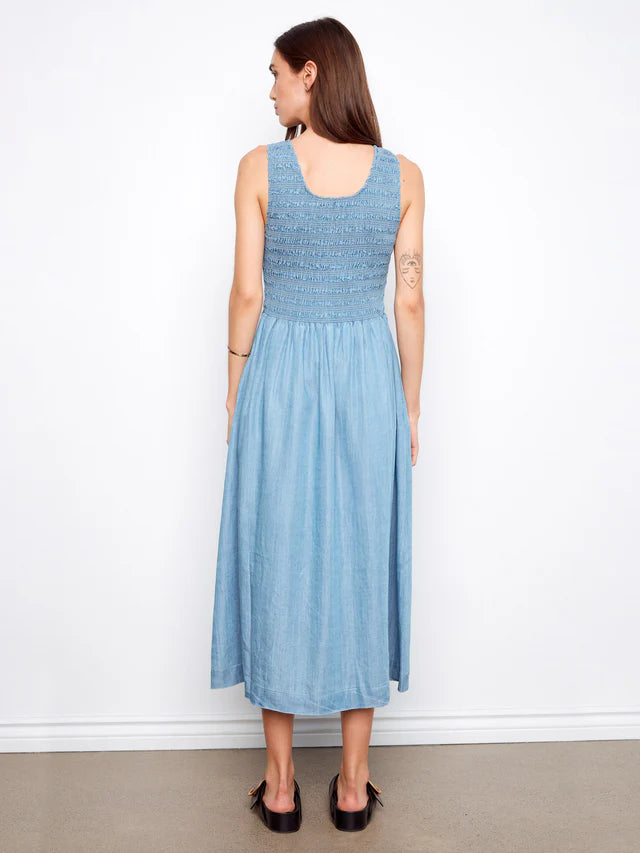 CHARLIE B TENCEL MAXI DRESS WITH SMOCKED BODICE - SOFT BLUE - Vi-Leen's Fashions